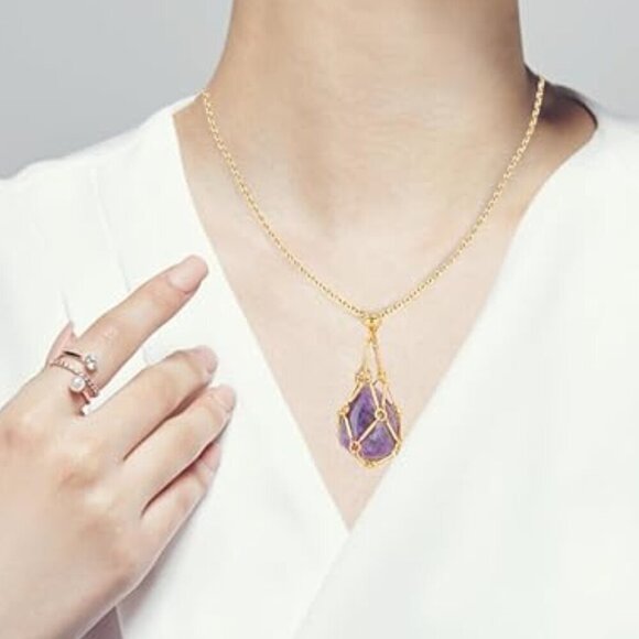 Women's Interchangeable Gold Amethyst Crystal Stone Luxury Cage Pendant - Picture 5 of 5